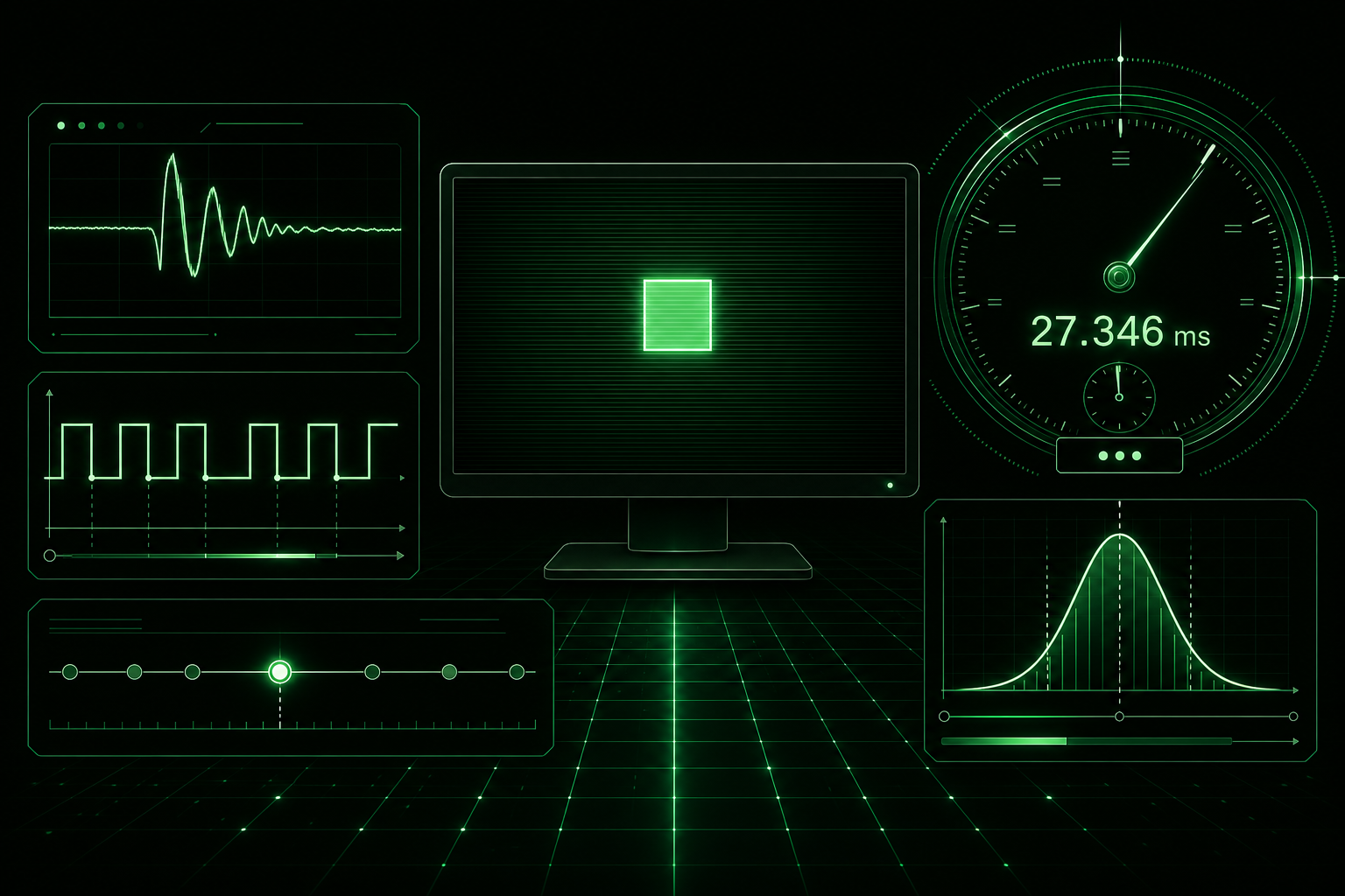 DirectRT 2027 precision timing — display-synced stimulus, response waveform, TTL pulse train, and millisecond readout