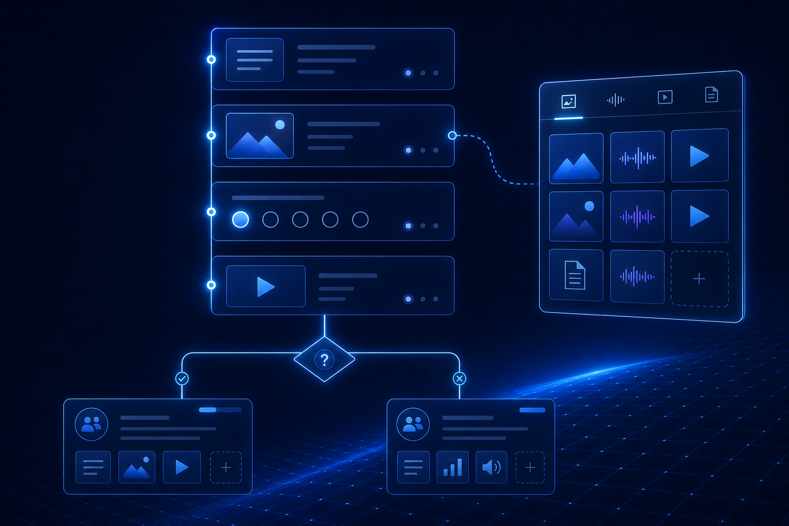MediaLab 2027 visual study builder — a sequence of study screens with branching logic and a drag-in media library